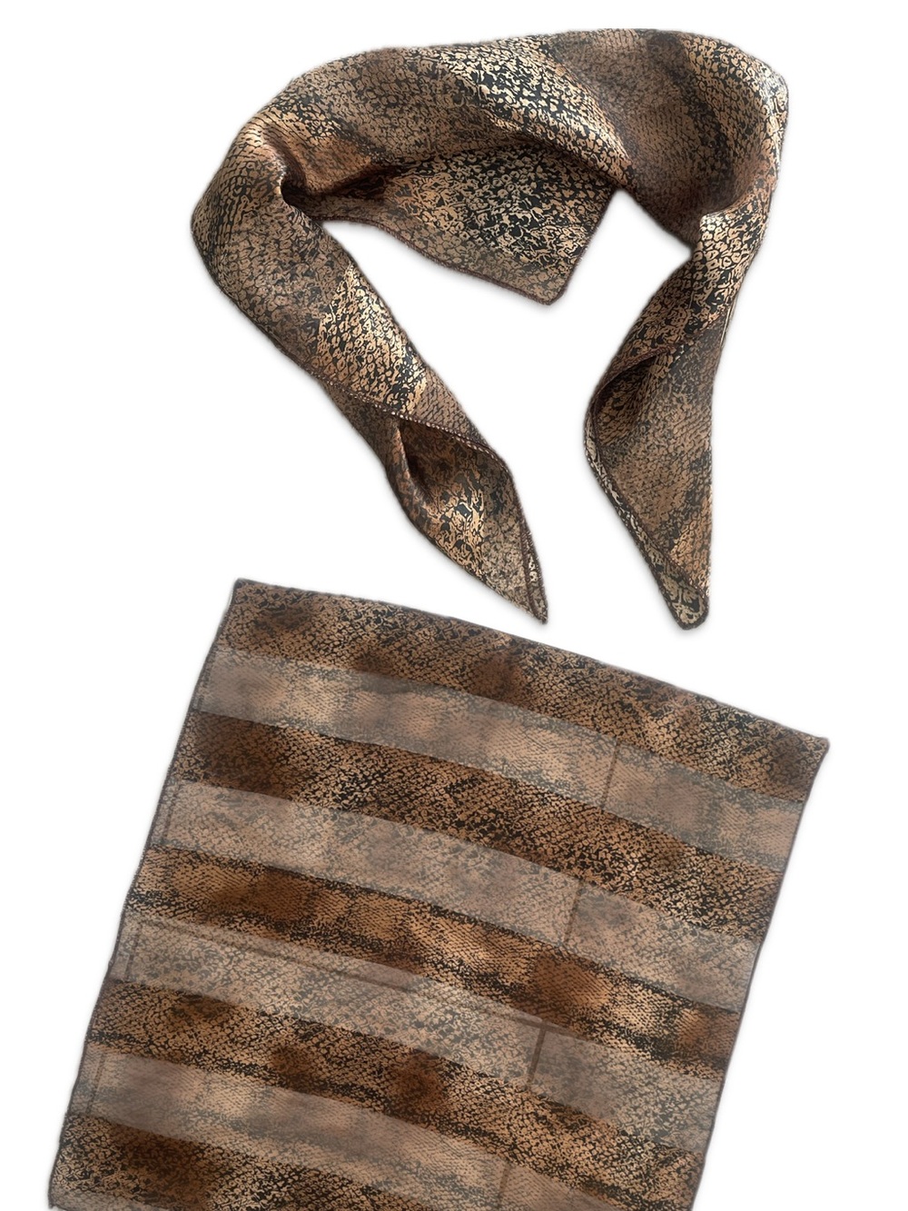 Vintage Snakeskin Print Sheer Square Scarf Bandana Brown Tan Made in Korea